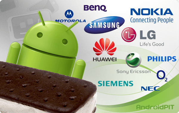 Imagem de um robô Android verde sobre um biscoito de chocolate, com logotipos de marcas como Nokia, Samsung, e LG ao fundo.