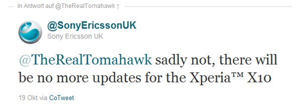 Tweet da conta @SonyEricssonUK informando que não haverá mais atualizações para o Xperia™ X10.