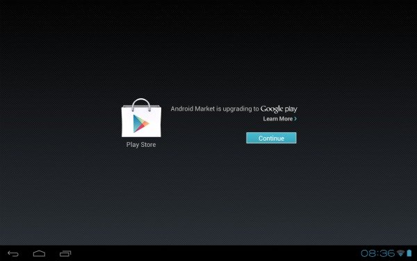 Écran de mise à jour de l'Android Market vers Google Play avec un bouton "Continuer".
