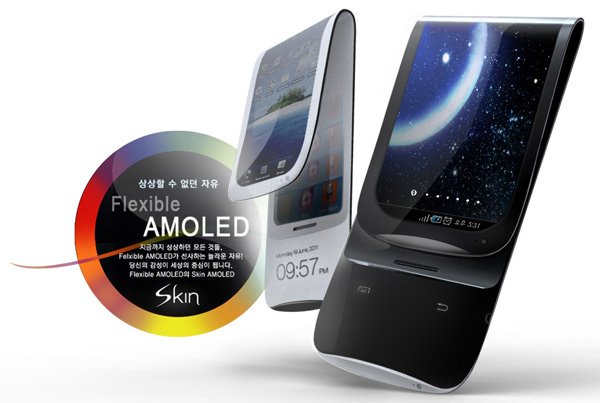 Teléfonos móviles con pantalla flexible AMOLED, mostrando interfaz y hora en un diseño moderno y elegante.